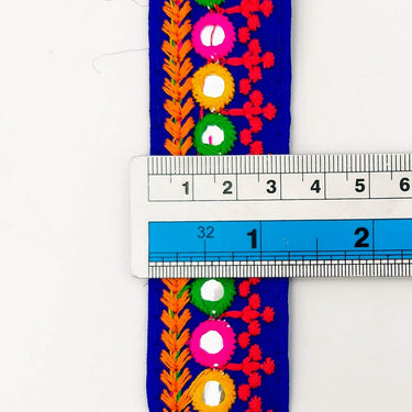 Royal Blue Indian Mirror Trim Kutch Embroidered Navratri Garba Dress Trim Bridal Lace, Sari Border 35 mm Wide Trim Per 3 Yards